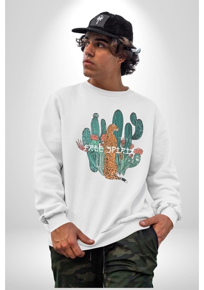 Kaktüs Çita Unisex Beyaz Baskılı Sweatshirt Beyaz