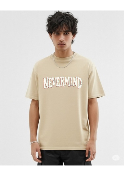 Nevermind Unisex Oversize Tişört Ön Yazı Ve Arka Şehir Manzaralı Kırık Ca Bej