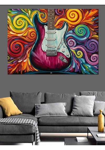 Renkli Psikedelik Gitar Çizimi Dekoratif Kanvas - Mdf Ahşap Tablo