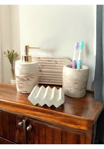 Marble Serisi Bej Sıvı Sabunluk Ve Diş Fırçalık Seti Gri