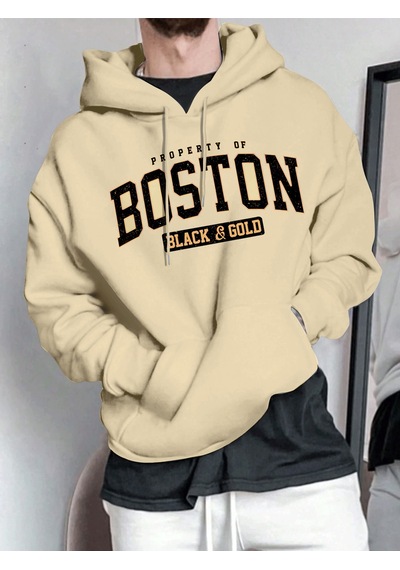 Uyguntarz Unisex Boston Baskılı Oversize Sweatshirt Bej