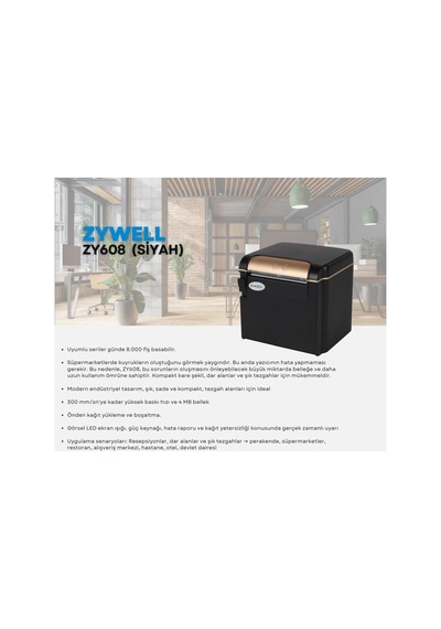 Zywell Zy608 Thermal / Otomatik Kesicili Usb+seri+ethernet Slip / Fiş Yazıcı 300mm/s / 80mm Siyah