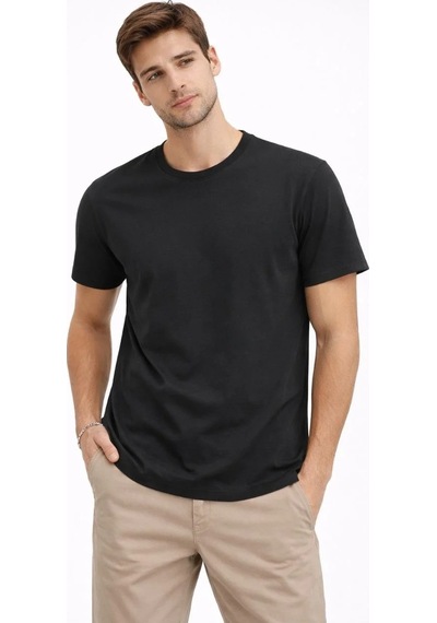 Erkek Bisiklet Yaka Yazlık Kısa Kol Düz Tişört Regular Kalıp T-shirt - Siyah