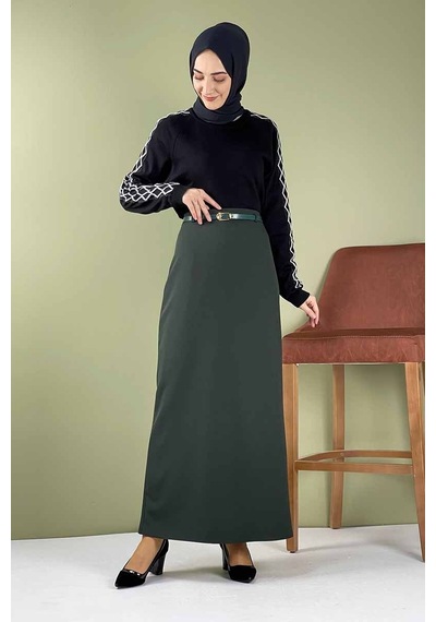 İbrahim Burak Etiler Collection Moda Çizgi Etek Zümrüt Yeşili