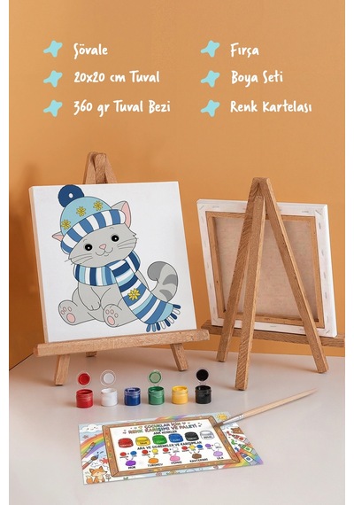 Bere Ve Atkılı Sevimli Kedi Temalı Çocuk Boyama Tuvali Şövaleli Eğitici Boyama Seti 20x20 Cm