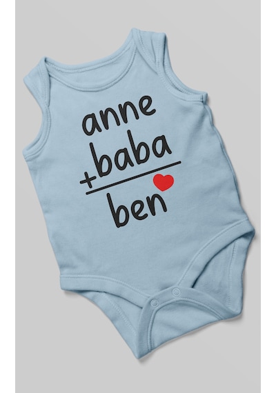 Anne Baba Ve Ben Baskılı Bebek Zıbını Çıtçıtlı Body %100 Pamuk Sıfır Kol Bebe Mavisi