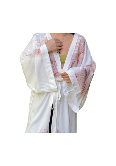 Lila Mare Çiçekli Yazılı Kimono Renkli Renkli