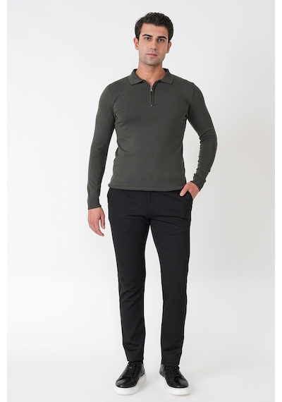 Slim Fit Esnek Pamuklu Fermuarlı Polo Yaka Haki Triko Tr 902