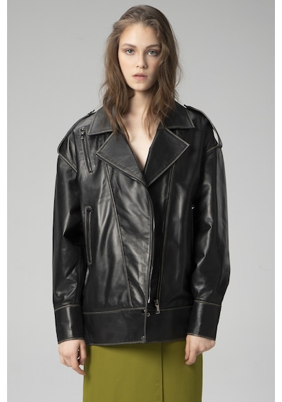 Dericlub Wm019 Oversize Biker Hakiki Deri Kadın Mont Siyah/bej Null Siyah