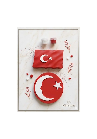 Ministone Kendin Boya Taş Tozu Türk Bayrağı Ve Ay-yıldız Motifli Obje Hobi Seti 12 Renk Boya + Fırça Hediyeli