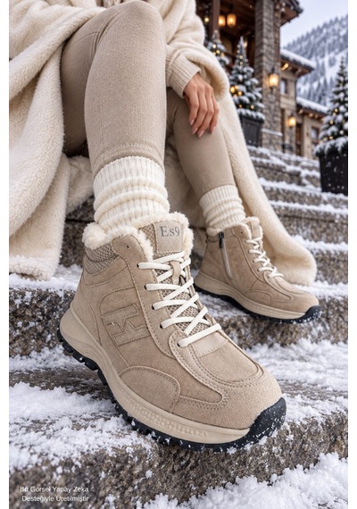Muggo Nortex Kürklü Fermuarlı Kalın Taban Bağcıklı Kışlık Kadın Sneaker Bot Bej
