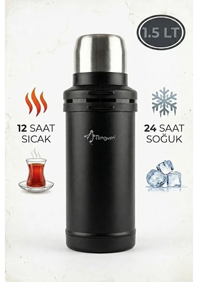 Penguen 1.5 Litre Avcı Termos Vakumlu Çelik Termos Kamp Piknik Çay Kahve Termosu Sus304 Bpa Free Siyah
