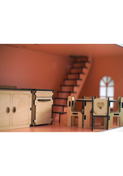 Wood Kids Toys Mobilyalı Ahşap Bebek-Çocuk Oyun Evi Seti