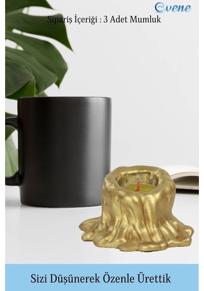 Mumluk Şamdan 3 Adet Tealight Uyumlu Üçlü Küçük Erimiş Mum Model - Altın
