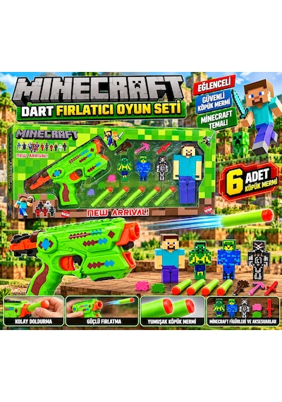 Minecraft Temalı Dart Fırlatıcı Oyuncak Seti Figürlü Ve Köpük Dart Mermili Eğlenceli Oyun Seti