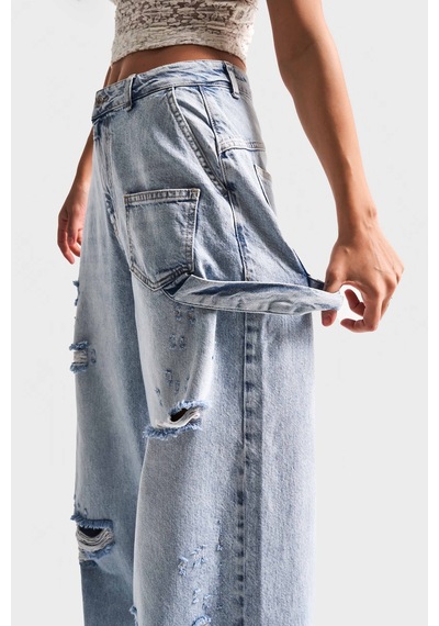 it's basic Kadın Kot Rengi 12s5-3 Mega Baggy Fit Süper Bol %100 Koton Orta Bel Denim Jean Mavi