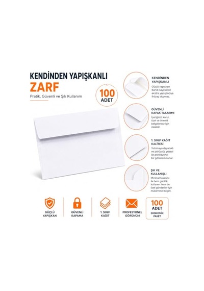 Orret Home 100 Adet Kendinden Yapışkanlı Beyaz Mektup Zarfı, Tutkallı Kapaklı Zarf, Davetiye Tebrik Kartı Para Evrak Posta Gönderim Ofis Okul Zarfı, Düğün Davetiyesi Not Kartı İçin, 16x11 Cm