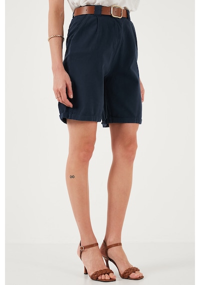 Lela Pamuklu Relaxed Fit Yüksel Bel Kemerli Gabardin Short Bayan Şort 668Yp4710 Lacivert