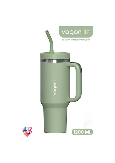 Tumbler Quencher Cup 1200 Ml Pipetli Rahat İçim Kulplu Sus304 Paslanmaz Çelik 1.2l Termos 1103-1200ml Yeşil