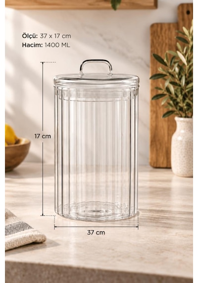 Atbyhome Kulplu Borosilikat Cam Kapaklı Çizgili Cam Kavanoz 1400 Ml - Vakumlu Erzak Ve Bakliyat Saklama Kabı Şeffaf
