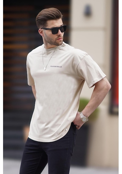 Madmext Bej Oversize Baskılı Erkek Tişört 6192-bej Bej