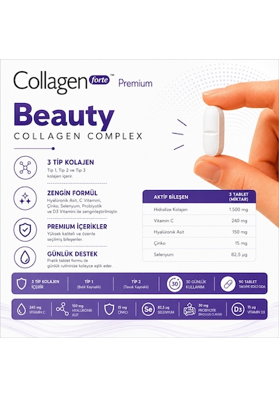 Collagen Forte Platinum Premium 3 Tip Kolajen Hyalüronik Asit 90 Tablet