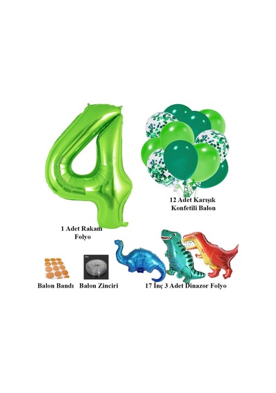 4 Yaş Dinazor Set Rakam Folyo, 3 Adet Mini Dinazor Ve 10 Lu Balon