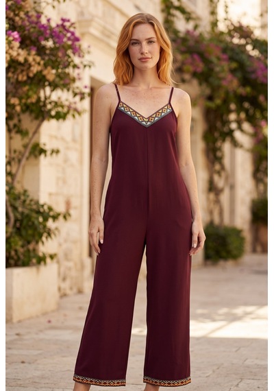 Soulshae Kadın Janjanlı Krep V Yaka İp Askılı Etnik Şeritli Geniş Paça Tulum Bordo