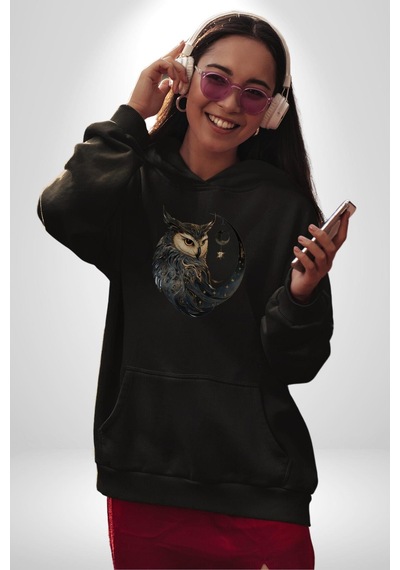 Ay Yıldız Bakır Renk Baykuş Kadın Erkek Siyah Kapüşonlu Sweatshirt Hoodie Siyah