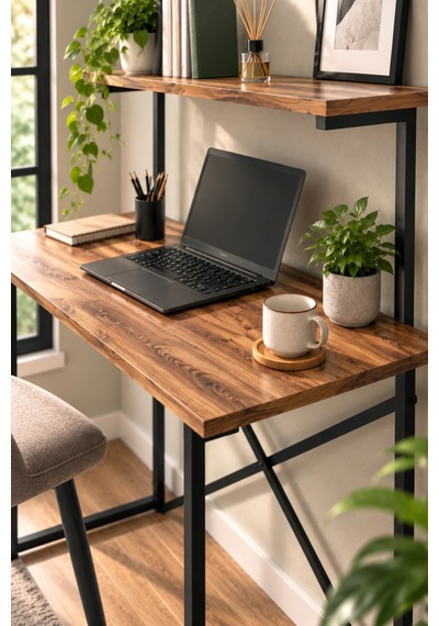 Sulorahome Ceviz Desenli Raflı Çalışma Masası