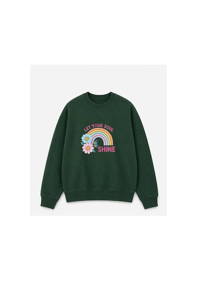 Herkesemoda Gökkuşağı Baskılı 2 İplik Şardonlu Bisiklet Yaka Sweatshirt Yeşil