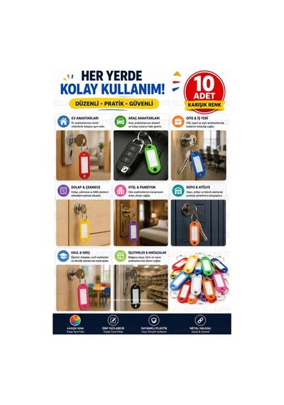 10 Adet Karışık Renk Plastik Anahtarlık Etiketi Yazılabilir İsimlik Anahtar Etiketi Metal Halkalı Bo