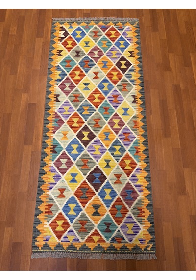 El Dokuma Afgan Kilim 100% Yün Harıka Desenlı Yolluk Çok Renkli