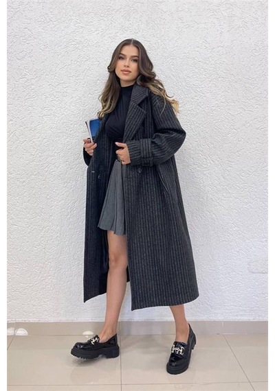 Dip Moda Kadın Siyah Çizgili Oversize Kaşe Kaban Dpnbshnz08 Siyah