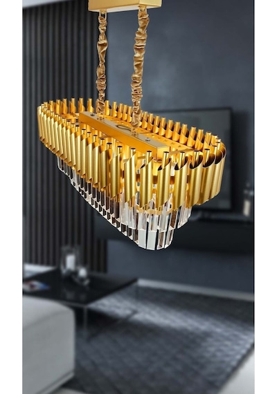 Roza Varaklı Gold 75x35 Cm Lik Kristal Taşlı Lüks Avize - Yatak Odası - Salon - Mutfak - Hol Altın