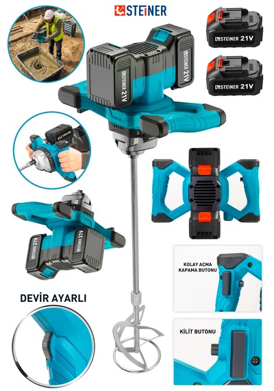 Steiner 21v Çift Akülü Bakır Sargı Devir Ayarlı Şarjlı Alçı Boya Ve Harç Karıştırıcı Mikser Makinesi