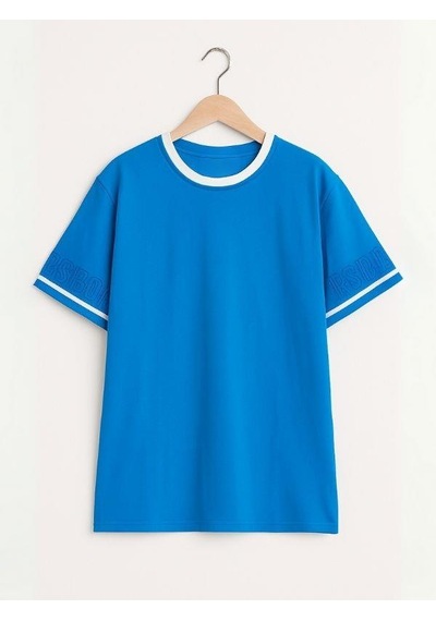 Çocuk Yaka Nervürlü Pamuklu Oversize Kalıp T-shirt-16023 Mavi
