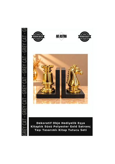 Dekoratif Obje Hediyelik Eşya Kitaplık Süsü Polyester Gold Satranç Taşı Tasarımlı Kitap Tutucu Seti