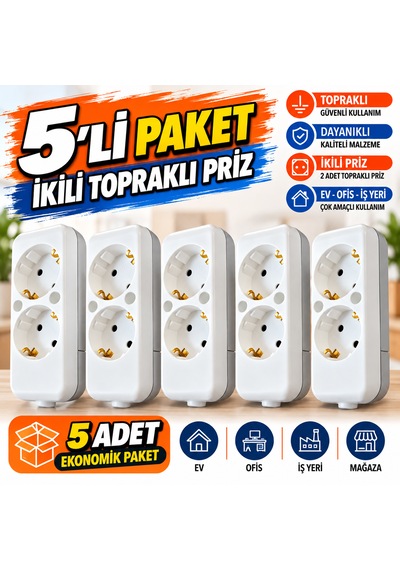 5'li Paket Ikili Topraklı Grup Priz Kasası 2'li Priz Gövdesi Beyaz Kablo Ve Fiş Hariç 0