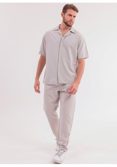 Erkek Siyah Keten Takım Oversize Gömlek & Pantolon 2'li Set Bağcıklı Rahat Yazlık Kombin Taş