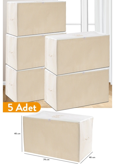 Serstil 5 Adet - Büyük Boy Bej Çizgili Hurç - 74 X 46 X 46 Cm