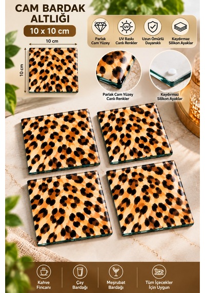 Gökçeoğlu Cam Bardak Altlığı Leopar Temalı 4'lü Takım 10cm X 10cm Çok Renkli