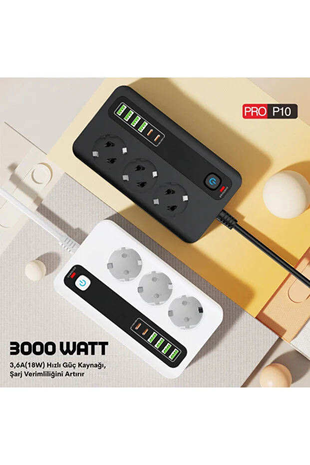 Pro P10 3x Priz 3000w Akım Korumalı 4x Usb 2x Type-c Girişli Çoklu Priz Siyah 2