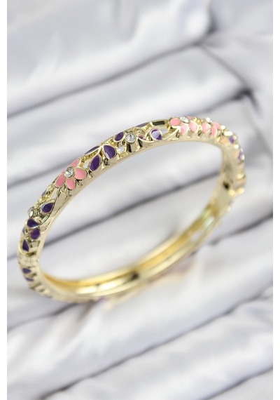 Mineli Pirinç Zirkon Taşlı Pembe Mor Çiçek Motifli Gold Kadın Kelepçe Çok Renkli