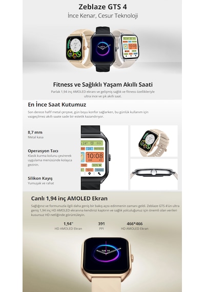 Zeblaze Gts 4 1.94" Amoled Ekran Fitness Ve Sağlıklı Yaşam Akıllı Saati (Distribütör Garantili)