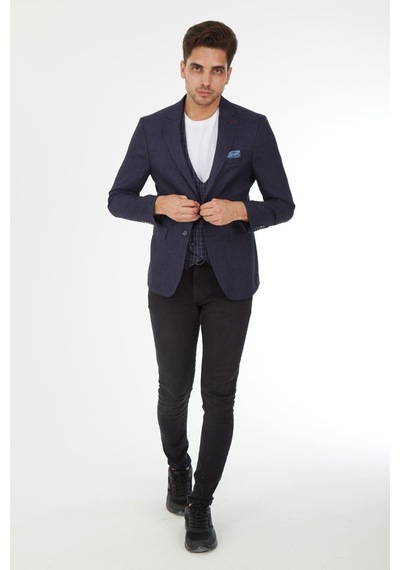 Sposo 5139 Ekose Yelekli Dar Kalıp Lacivert Erkek Blazer Ceket Lacivert