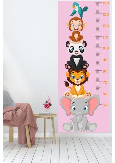 Sevimli Safari Hayvanları Boy Ölçüm Cetveli Boy Ölçer Sticker Pembe