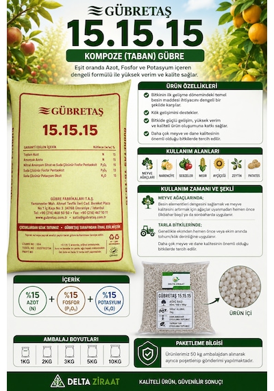 Gübretaş 15.15.15 Kompoze Taban Gübresi %15 Azot %15 Fosfor %15 Potasyum Meyve Ağacı, Zeytin, Sebze Ve Tarla Bitkileri Için 1 KG