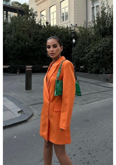 WeShaya Kadın Oranj Kruvaze Dokuma Kısa Elbise Oranj