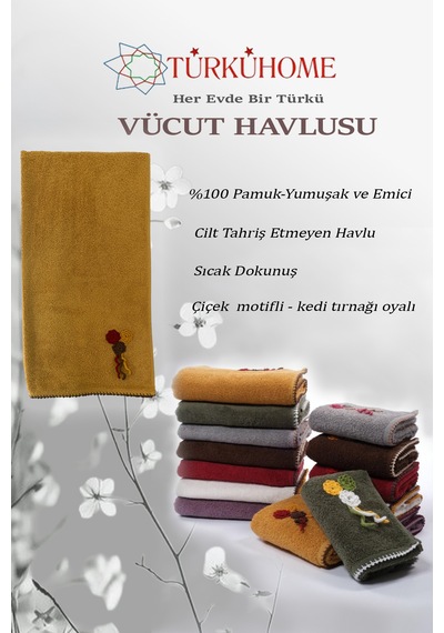 Çiçek Motifli, Kedi Tırnağı Oyalı, Yumuşak Dokulu Pamuklu Vücut Havlusu 70x130 Cm Sarı